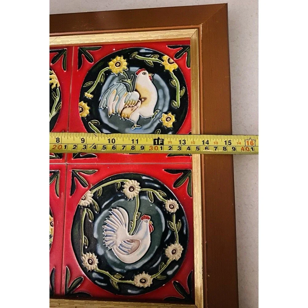 Vintage Rooster Tiles In Wood Frame 4 Ceramic Tiles Cottage Farm Americana Decor
